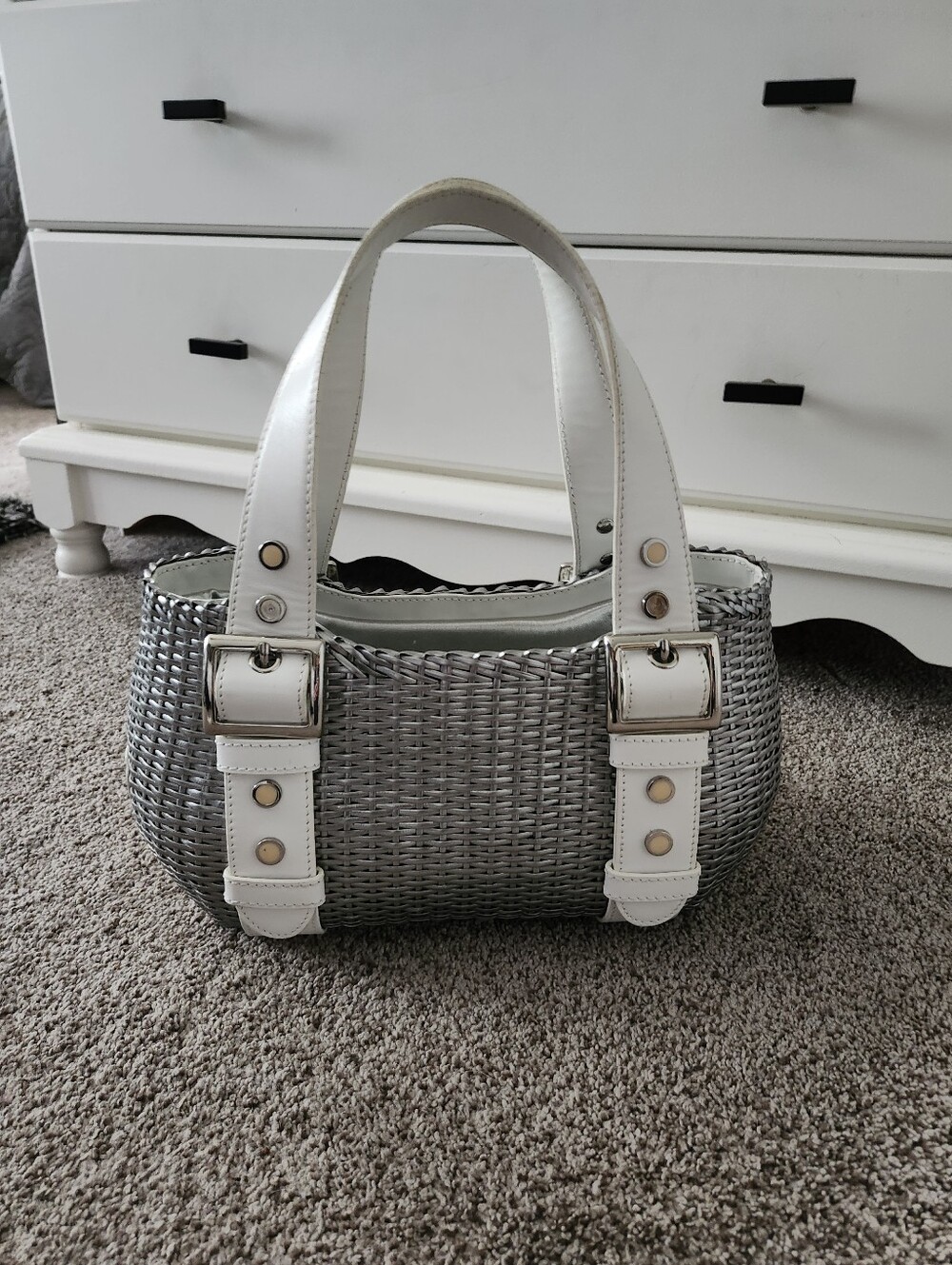 White & Silver Woven Tote Handbag - Chic Women's Shoulder Bag. Very Unique